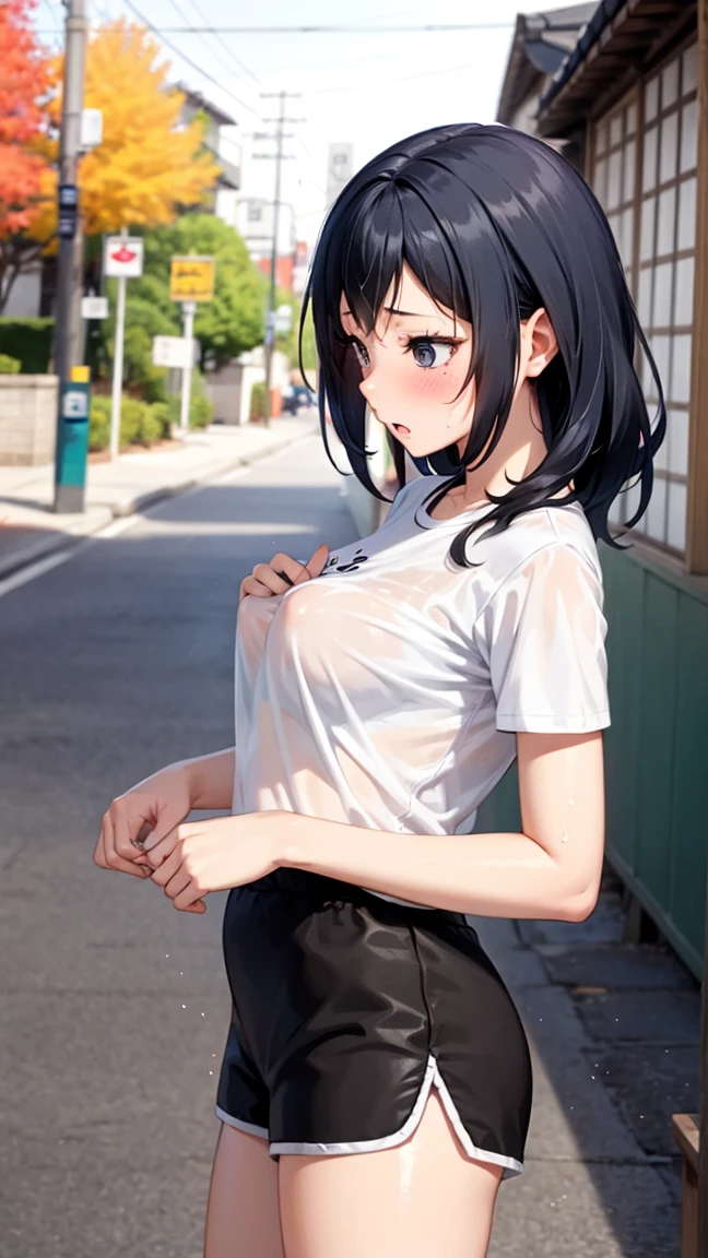 masterpiece, best quality, ultra-high-detailed, 1girl, heart-shaped pubic hair, public hair,   Mion Sonozaki, black hair,  eyes, ponytail, white tee, , ponytail