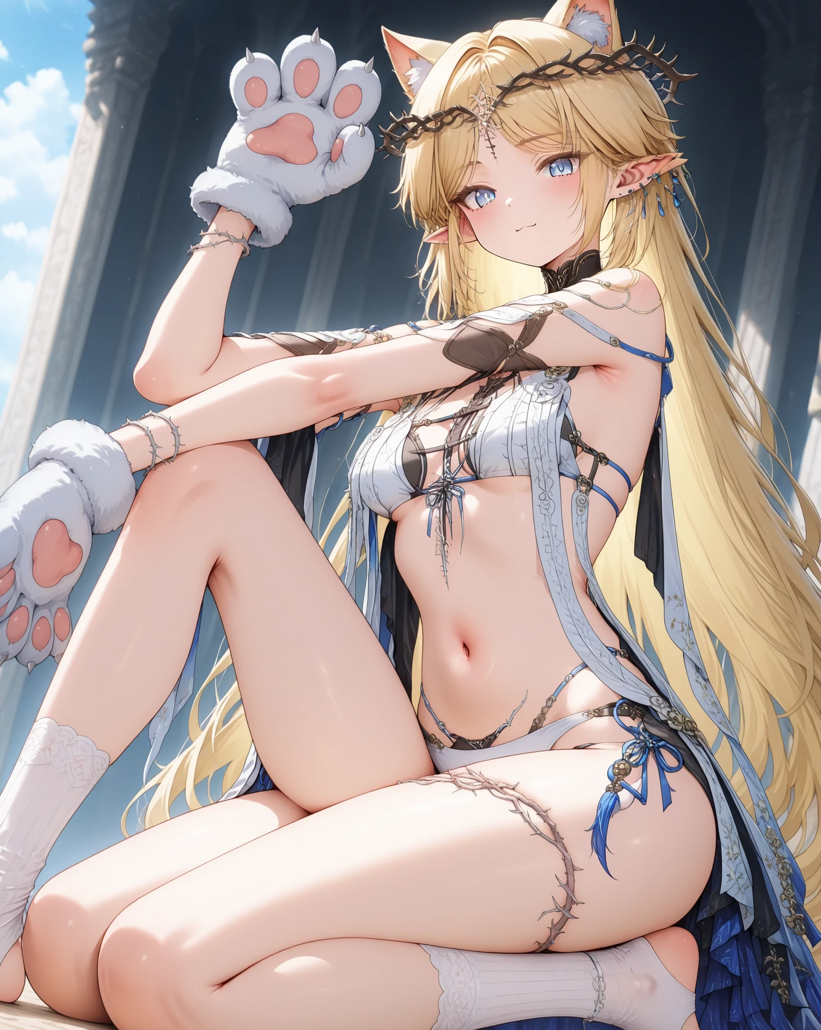 Very detailed、highest quality、Best image quality、masterpiece、8k、Sparkling Blue Eyes、Anime Face、A kind smile、Open Mouth、(Blonde long hair:1.5)、(SFW Giant)、Rear View、Cowboy Shot、(White Thong:1.5)、(Muscles of the whole body)、Horn、ckundies