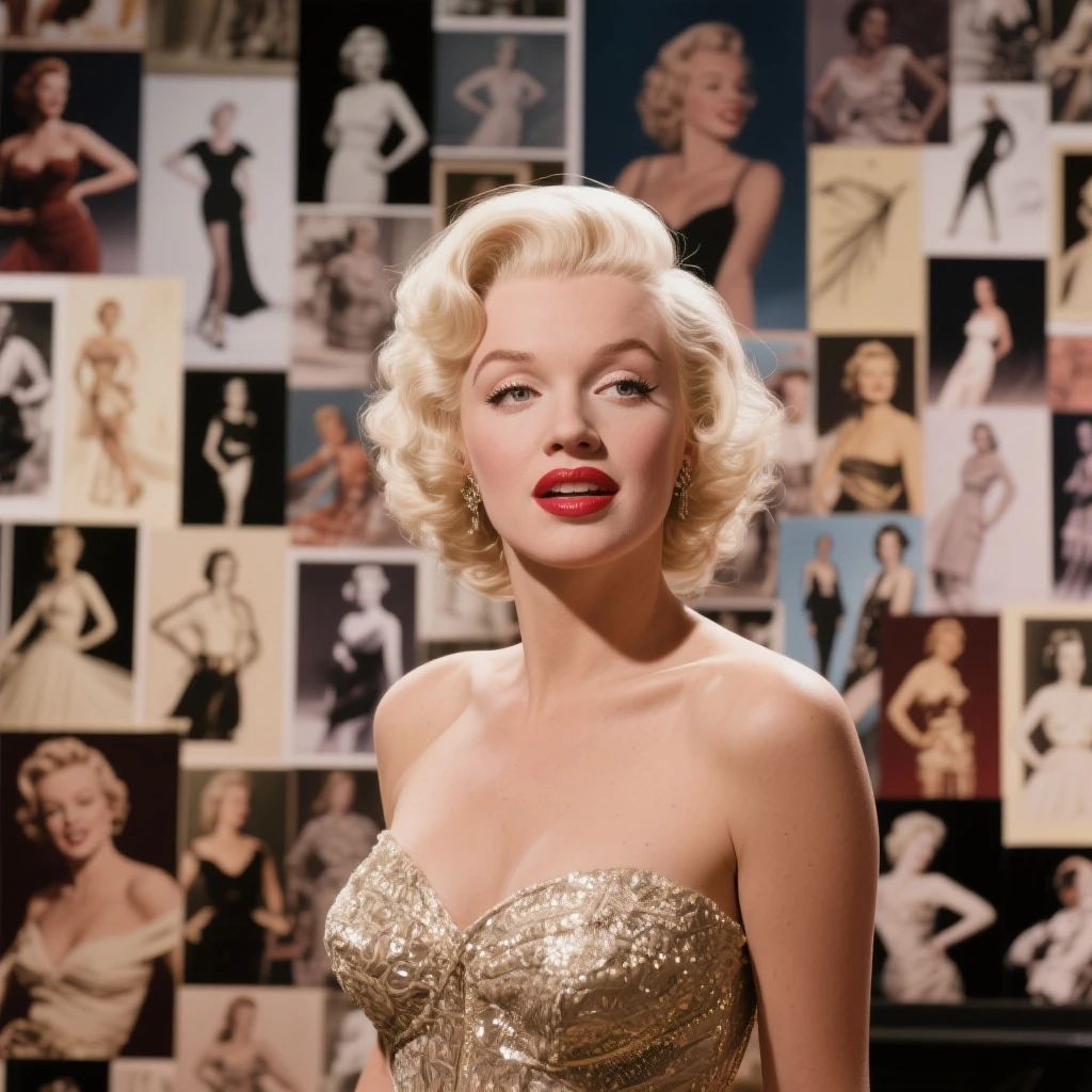 full body neutral pose of Marilyn Monroe in white glittery dress, 1950s photography