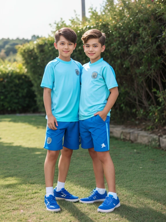 Boy and girl in vintage sports uniform in red colors, blue and white.