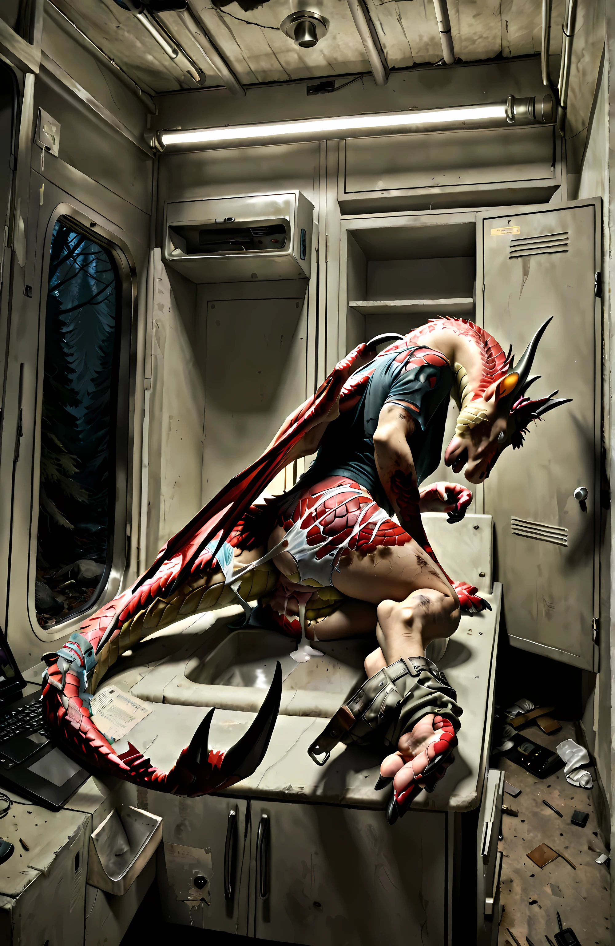 Pov:1.3, point of view, pov view, view from top:1.3, in frame, view from ground, low angle, fetal position, sitting, lean on ruins, human head, lips, nose, human skin, own long body, long neck, own legs, human feet, wings, transformation, human morfing into dragon:1.3, feral dragon, tail, claws, paws, [scales: human skin:0.8], human skin: 1.2, gradual scales, ultra realistic scales, shining, spotlight, tattered, torn underwear, tattered pants, scraps around, in pain, hard breathing, shaking, wound, eggs from pussy, sperm, scars, scratched, nsfw, forest, night, lonely trail, abandoned camp, abandoned hut, cave, trash, Realistic, 4k, 8k, RAW, HDR, UHD, high resolution, hd, full colour, 4k, high definition, sharp focus, smooth, Professional, cinematic, extreme detail, description, masterpiece, best quality