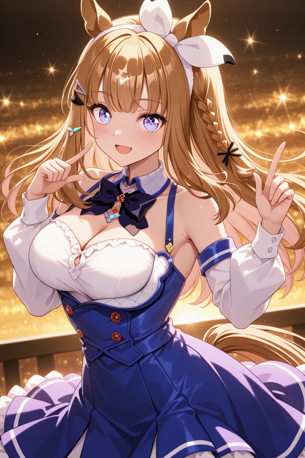 top-quality、Full limbs、complete fingers、Slender beauty、straight haired、Brown hair、Deleste、Blue, White and purple idol costume、high socks、Beautiful Large Breasts、Live Stage、Singing、Dancing、A big smile