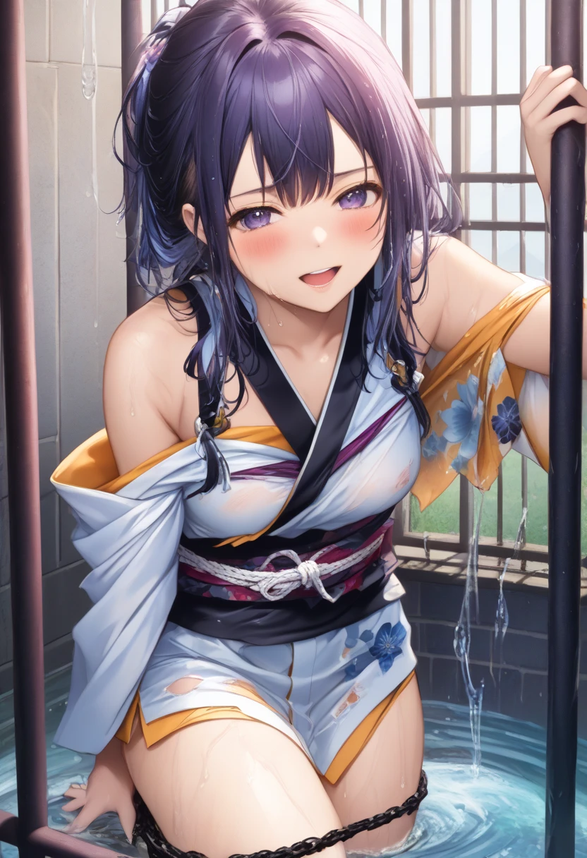 anatomically correct, best quality, masterpiece, high quality, high details, highres, HD, (shaded face:1.2), hollow eyes, blue eyes, looking at viewer, seductive smile, lips, black hair, long hair, 1girl, breasts, long_hair, water drop, sliding_doors, japanese_clothes, kimono, armpits, shouji, rain, bangs, large_breasts, sleeveless, tatami, indoors, obi, sash, wet_clothes, wet, blush, looking_at_viewer, thighs, solo, bare_shoulders, window, sleeveless_kimono, plant
