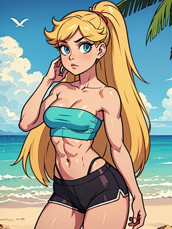 1girl, full body, teenager, solo, (very long waist length blonde hair, straight blonde hair: 1.28), ((light blue eyes)), perfect clear skin, (large darker fox ears: 1.35), pale skin, large breasts, cleavage, (thin hips, thin waist , athletic body: 1.25),  background, looking away, (wearing only a bikini: 1.5), kneeling in the sand, masterpiece, best quality,3d rending work ,3DMM style, close-up, portrait, 3D,