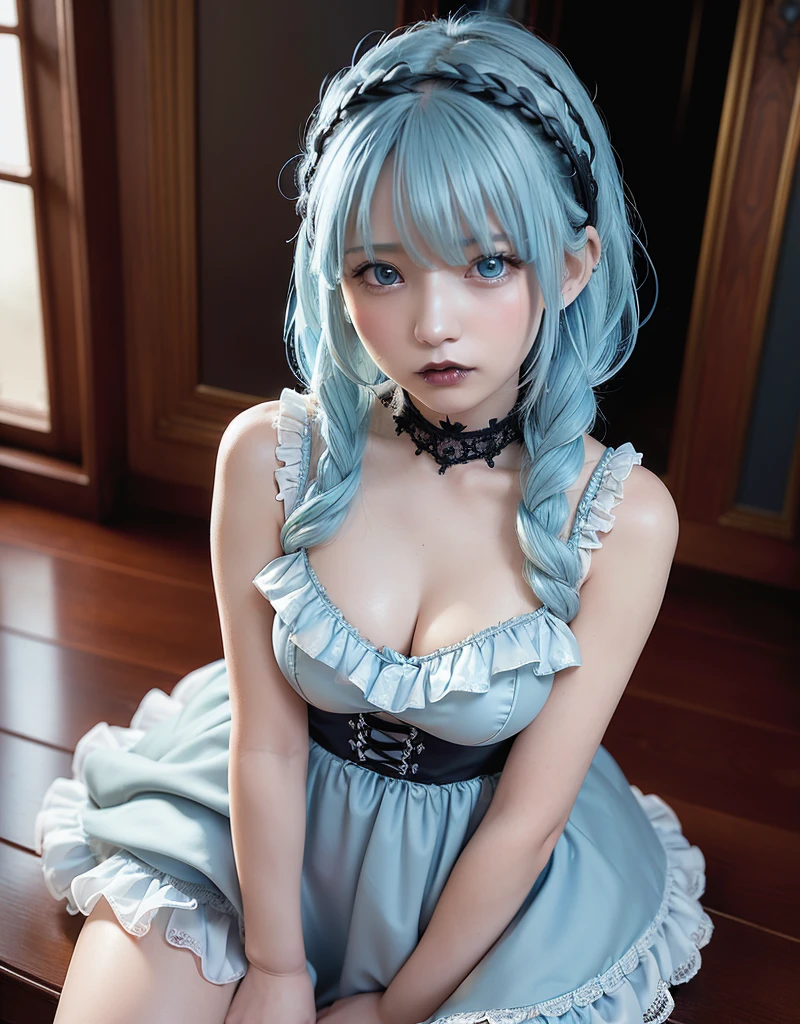 "((Momo Deviluke))14 years old, in realistic style, Mint Colored Lingerie with Garters and Corset, cinematic atmosphere, soft focus, ethereal glow, carefully posed, high resolution, mesmerizing details"demon tail,