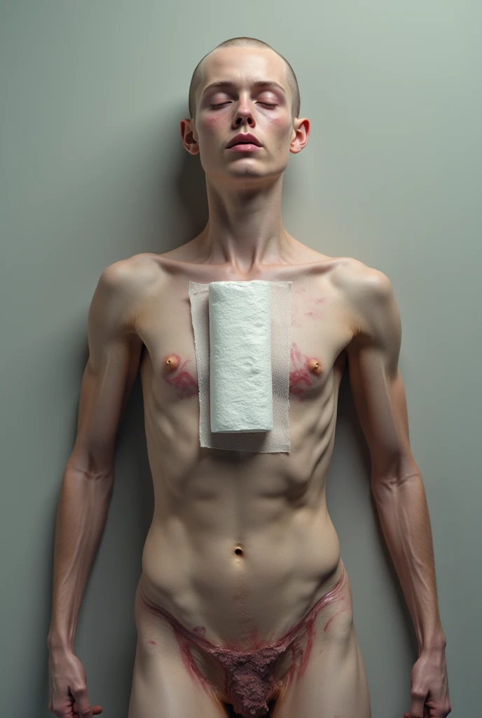 Create the image of a naked blond young man, on which the penis can be seen.