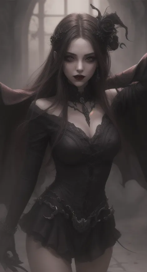 Create an image of the most stunningly gorgeous beautiful perfect sexy demon girl , high detailed sexy stunning face, perfect makeup, large lips, lipstick,beautiful perfect body, lace bdsm lingerie , dutch hair,