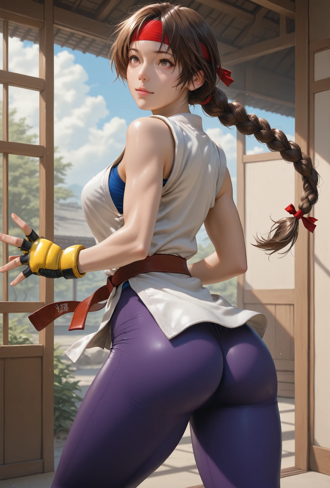 realistic, masterpiece, best quality, amazing quality, realistic, absurdres, newest, 1girl, YRISKIKOF, brown hair, single braid, brown eyes, red headband, dougi, blue undershirt, yellow mma gloves, martial arts belt, purple leggings,