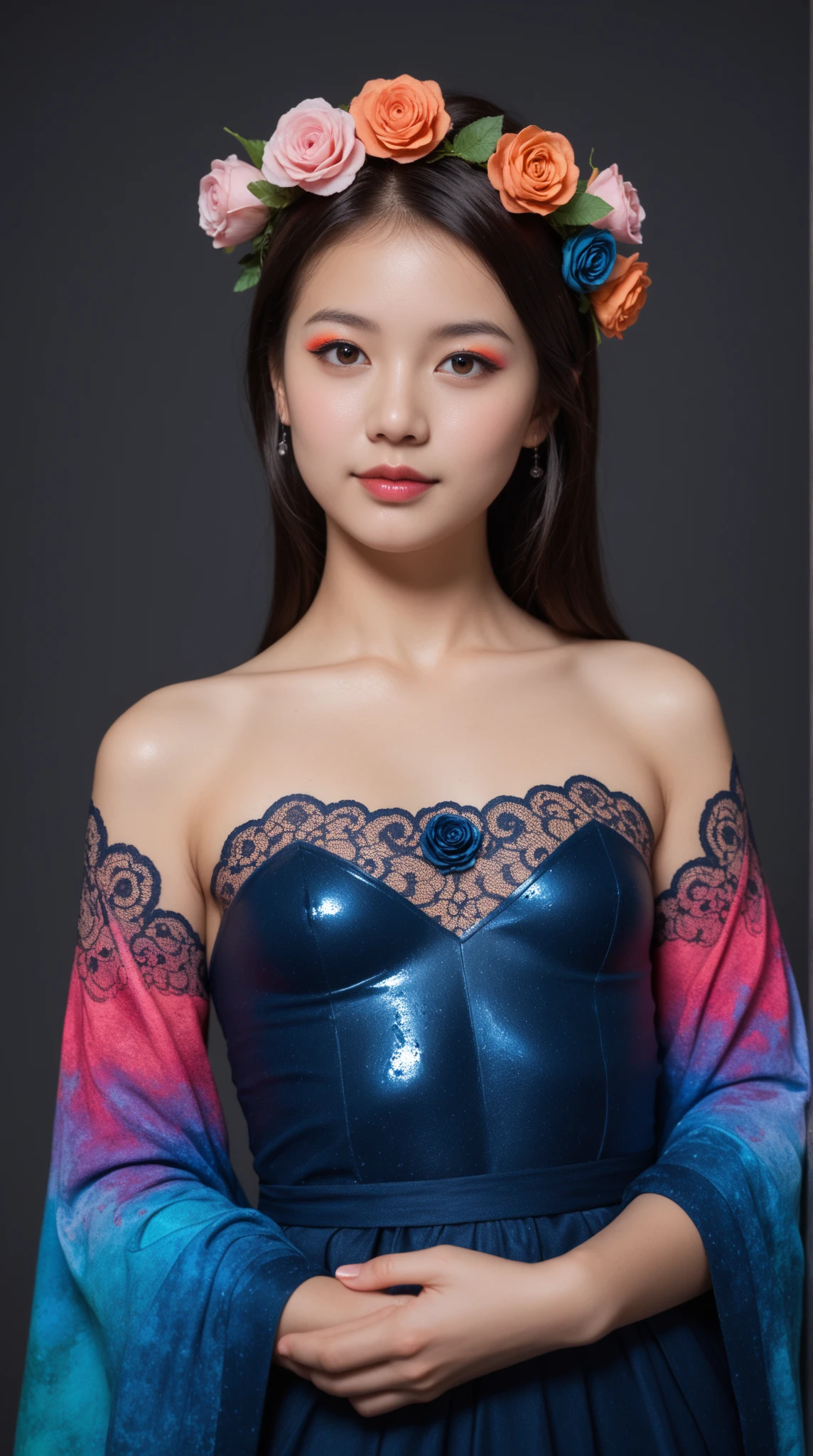 photorealism 16K realism, (Hyper-realistic proportional body, anatomically correct:1.3), ((ultra-fine digital art)), (1woman:1.3, 22-year-old), wearing glasses, thigh highs, ((intricately detailed beautiful face)), (light pale complexion), BREAK, (small round head), (best details, realistic beautiful, slim and cute face), ((best highest detailed realistic dark brown_eyes:1.3)), ((super realistic sharp-eyes:1.2)), (tired and sleepy and satisfied:0.0), (close up of a woman's eyes), perfect round eyes, finely detailed pupils,BREAK,detailed lips:1.3,pink_makeup:1.22, (long_blue_eyeliner:1.28), (red_lipstick:1.35), ((perfect dark_eyeshadows:1.4)), (super detailed professional makeup on eyes:1.3), (Detailed nose:1.2), (best high quality real texture skin:1.3), (Fujicolor, daytime soft lighting), (curly heban hair (slicked to the one side) Intricately detailed), BREAK, ((Classic and sexy designer dress, combination of teal, magenta and yellow colour in the dress, bright colours)), Detailed blue decoration, BREAK, (Fitted clothing), dynamic pose, (looking at the viewer), (no decorations in the hair), (dark shot:1.2), (firm normal full breasts), hint of cleavage, (vibarant and colourful),