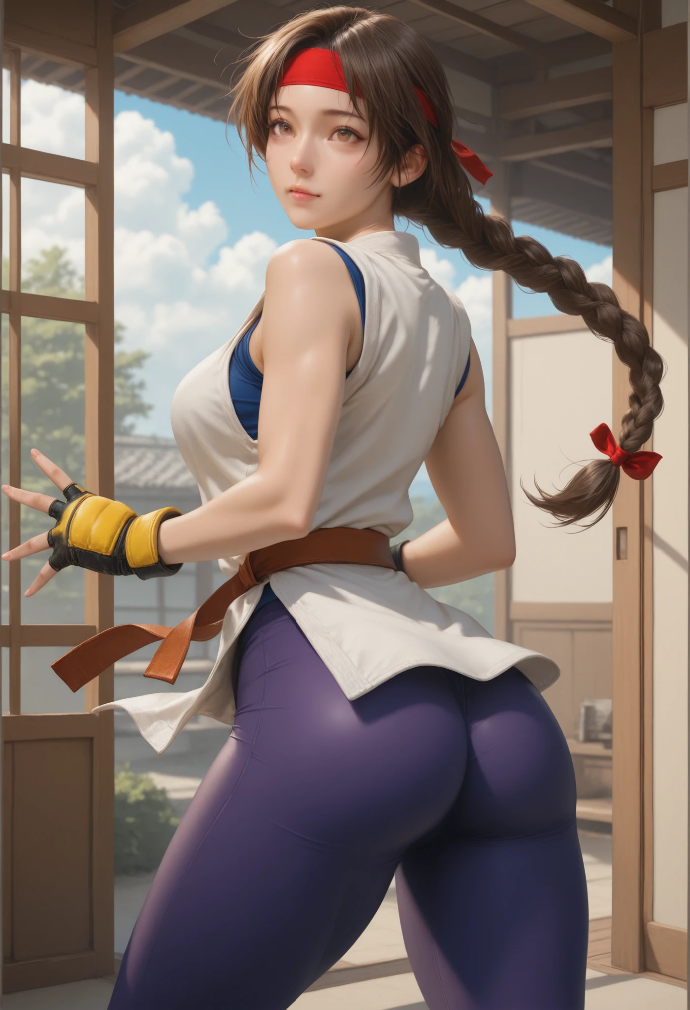 (masterpiece, best quality, high resolution, unity 8k wallpaper, extremely detailed CG:1), (illustration:1.0), 1girl,solo, yurims, headband, dougi, spandex, gloves,