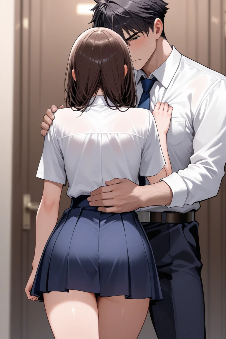 1girl, crawl position,  from behind, 1boy, Doggystyle, (1girl,bangs, black hair, small ponytail with red ribbon, short hair, brown eyes, collared shirt, long sleeve white shirt buttons, unbuttoned shirt, open shirt, medium breast, nipples, pink nipples, short skirt ,breastgrope from behind, vagina, cum inside , creampie, vagina insert by , cute, open mouth, blush)(1boy, crawling, buzzcut, naked, boy touching girl chest,chestgrope from behind,muscular,edroom, white bedsheets, indoors, night, lamp,  from behind, thrusting