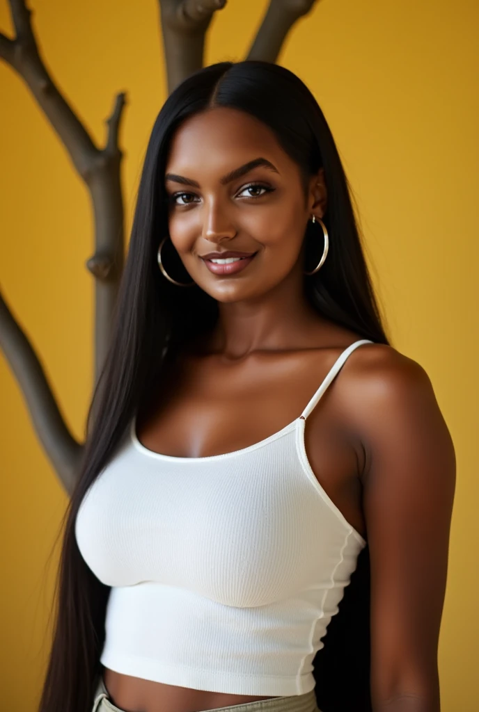 A beautiful woman from Ghana, sehr schlank, mit langen Haaren, big breasts, smiling, auf einem Boot mit T-Shirt und Jens