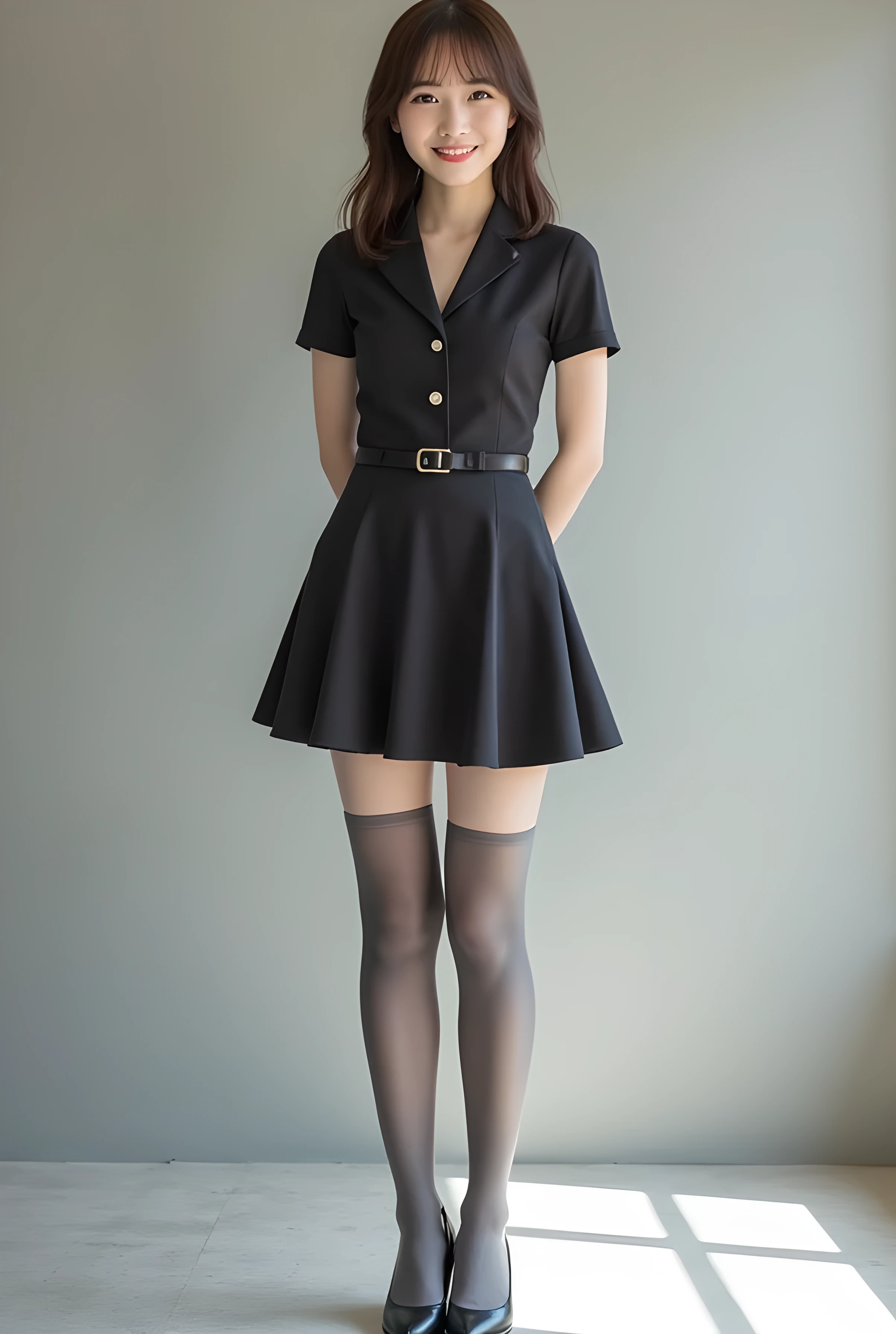 Super Real , photorealistic , (Full body image:1.5), She looks so happy , shadow, Global illumination , Alone, (Japanese woman in her 20s :1.5), very beautiful、 cute smile , Slim, brown hair , beautiful legs , Long, slender legs , Surimi West , She's wearing a receptionist ,wearing a bus guide , turn your body forward、 white hair,full body photo ,Please take a picture up to the tip of your foot ,wear gray pantyhose on her legs ,When the light hits stockings, they reflects beautifully., I'm wearing black high heels ,