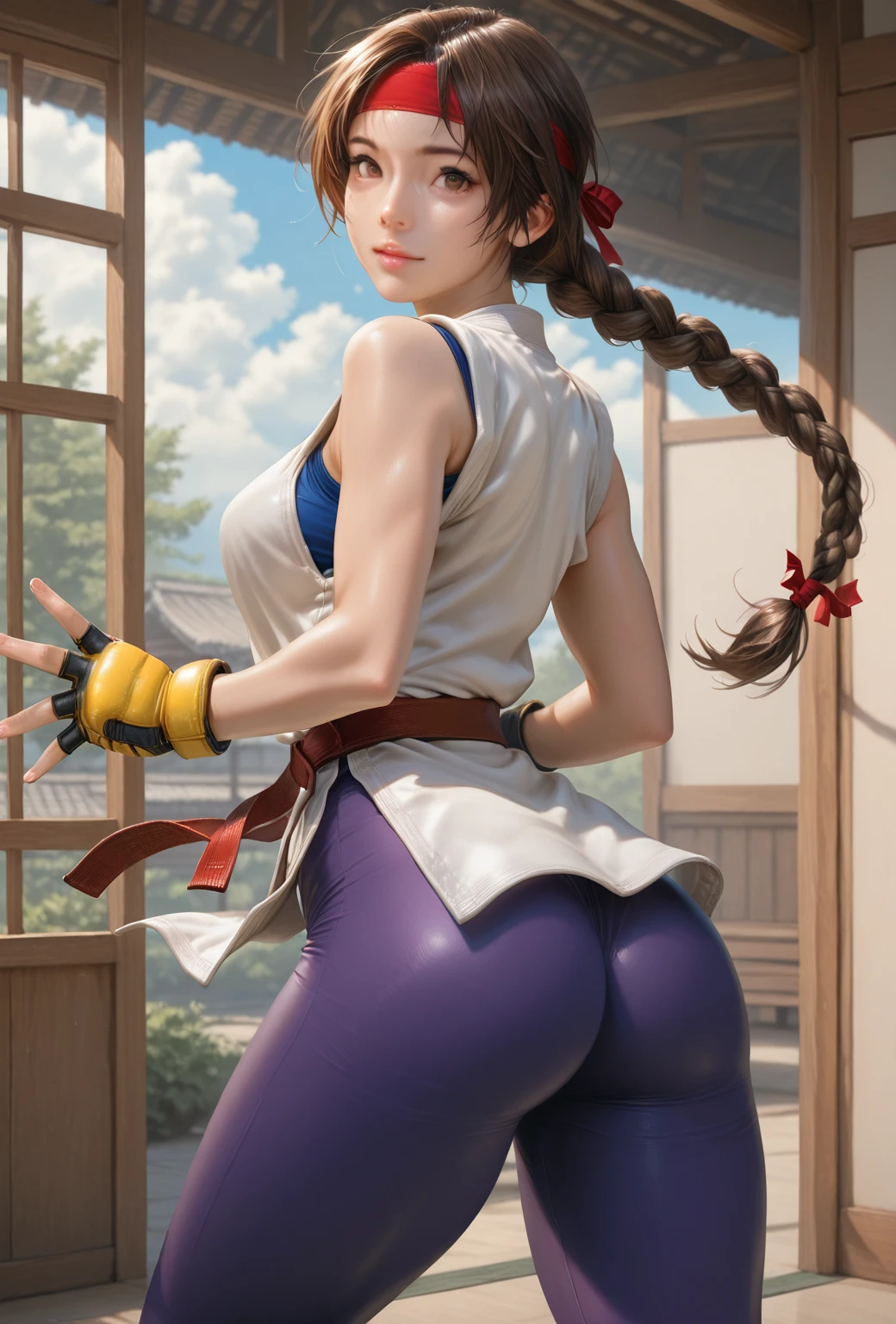 laufen,short hair,double bun,blunt bangs,hair ornament,brown eyes,bare shoulders,halterneck,ribbon,dress,purple dress,sleeveless,elbow gloves,purple gloves,fingerless gloves,boots,knee boots,back to the viewer,((from behind)),((from below)),ass,white panties, sweating,steam,((side squatting)),ass focus,((hands on the floor)),five fingers,legs focus,spread legs