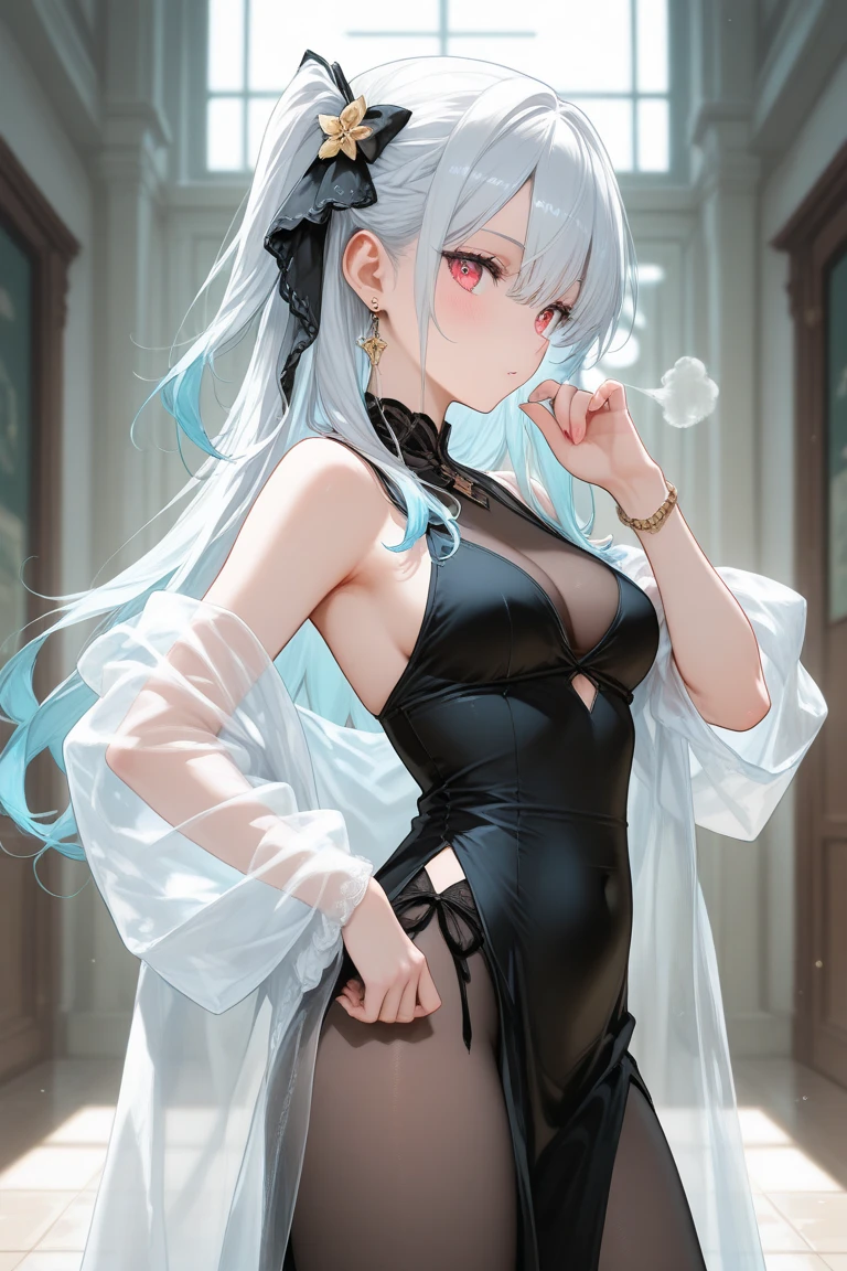 (Girl in purple wet kimono shirt-dress and light gray tight pleated slim skirt), (((black)) stockings), decollete, see-through, cute, zettai ryouiki, white hair, full body, bra, slim body, slim girl model, 24-year-old female model, lying on table, ((wet)), (((standing nipples under cloth))), portrait, most realistic, highest quality, best pixels, 8k ultra