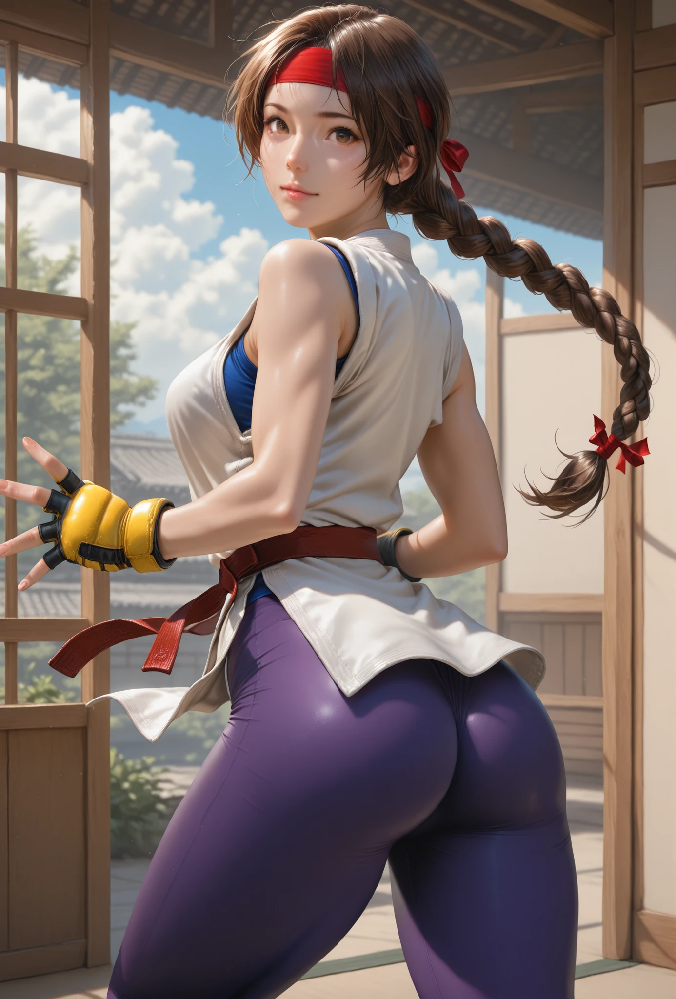 realistic, masterpiece, best quality, amazing quality, realistic, looking at the viewer, detailed eyes, absurdres, newest, 1girl, YRISKIKOF, brown hair, single braid, brown eyes, red headband, dougi, blue undershirt, yellow mma gloves, martial arts belt, purple leggings,