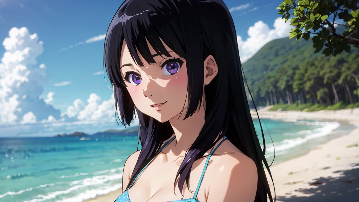 masterpiece, best quality, A teenage girl wearing a black bikini, smile, in the style of Kyoto Animation in the 2010s, official art, ((((black hair)), eyes of Haruhi Suzumiya, face of Haruhi Suzumiya)), beautiful symmetric face, beautiful eyes, ponytail, beautifully detailed hair, at a beach on a summer day, alone, solo, 8k, posing of Haruhi Suzumiya
