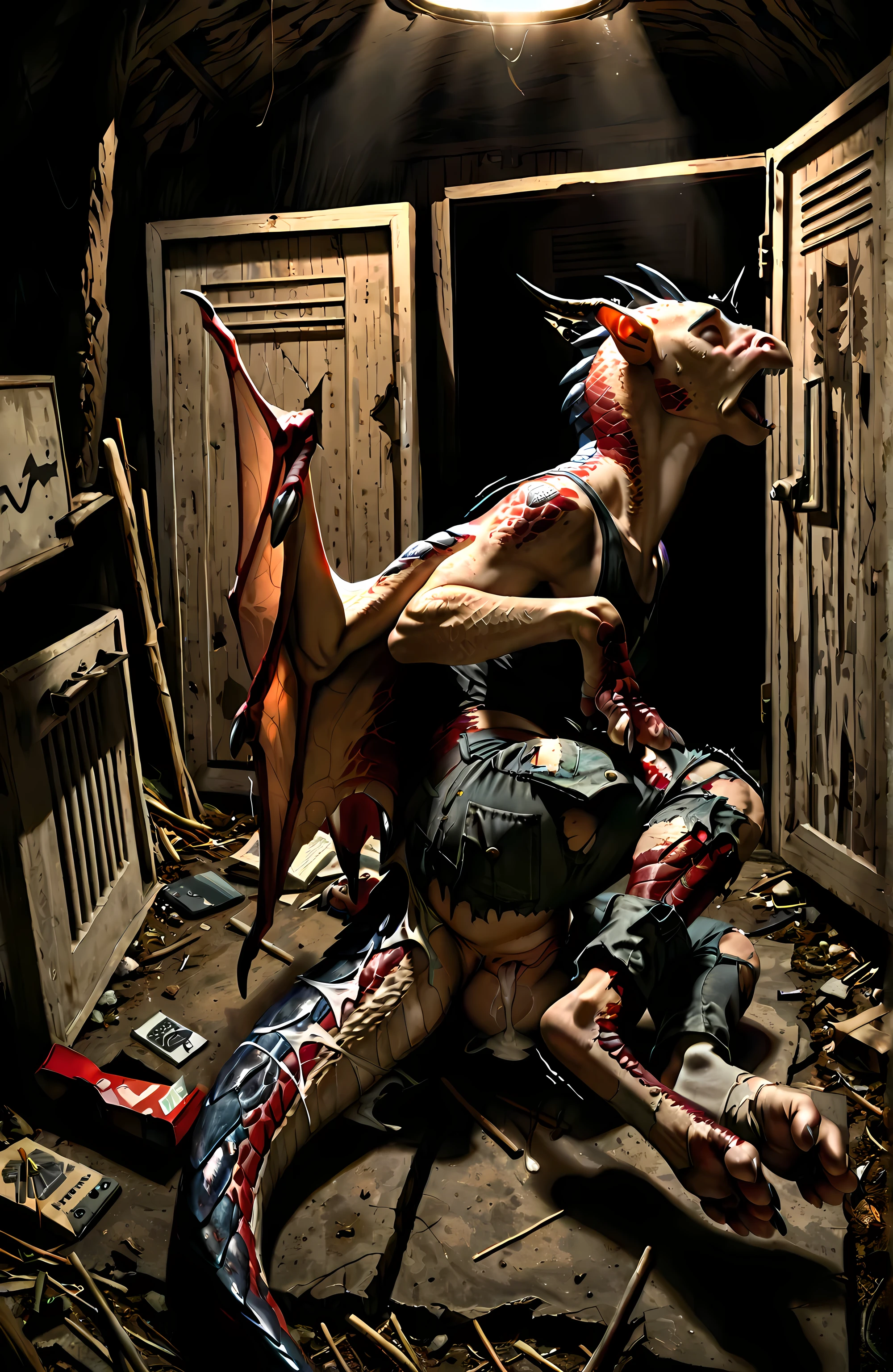 Angelic skeleton falling from the sky with its wings falling apart, one of his skeletal hands trying to reach a Succubus that is flying above him looking, succubus with a sensual and shapely body, big suppers and big ass, semi new.
Scenery of a sky with black clouds.
