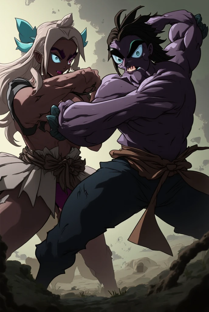 Muscular guy with black beanie hat and long hair fights against a black man, epic anime style