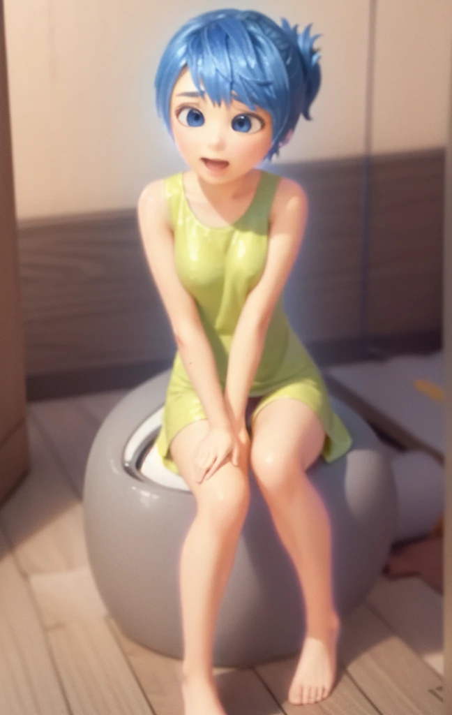 Masterpiece, Best Quality, (joying_Inside out, yellow skin, ),  Happy, wet transparent mini green dress,  Pixar, cartoony, 3D Rendering, small breasts, sexy expression, bare footed, ((Beautiful, Detailed Eyes, Jewel-like Eyes, Glowing Eyes: 1.3)), Highlight Eye, Catchy Light Eye, Specular Highlight Eye, ((cowgirl, on the bed, (((undressed underwear)), flushed cheeks, ((((spread legs))))), closed eyes, open mouth, (wet skin: 1.3), ((((Front view)))), Luxury hotel bedroom, night,  Sunlight, (parted lips:1.4), (nose blush:1.2), foreshortening, blackcutoffs, (eye contact), high contrast, ultra high res, high resolution, detailed, breasts visible, Showing breasts, (cinematic lighting), ((high-angle view)), (half body shadow), [backlighting], [crepuscular ray], [detailed ambient light], [gray natural lighting], [ambient light on the belly], (higher wildlife feral detail), [explict content], [sharp focus], (questionable content), (shaded), Commission for High Res, detailed image, bright colors, detailed face, perfect lighting, perfect shadows, perfect eyes, girl focus, flawless face, gorgeous body, shiny body, center focus, gaze at the viewer, 1girl, solo, (masterpiece:1.21), (best quality:1.2), (illustration:1.2), (cinematic lighting:1.3), balanced coloring, global illumination, ray tracing, good lighting, cleavage, attractive body, sexy body, looking at viewer, SFW