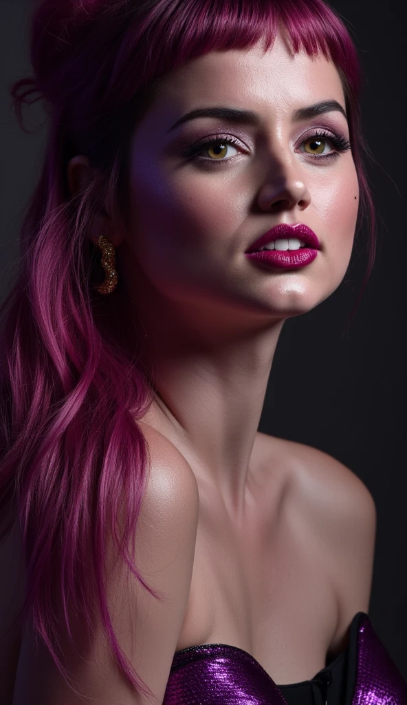 Uma mulher em um espartilho roxo posa para uma foto, decote exposto, silicone belos seios, figura voluptuosa, cabelos brancos , fotografia, realismo, detalhe, Sindell trava batalhas mortais, hiper HD, cartaz para, master part, Background gray and smoke,