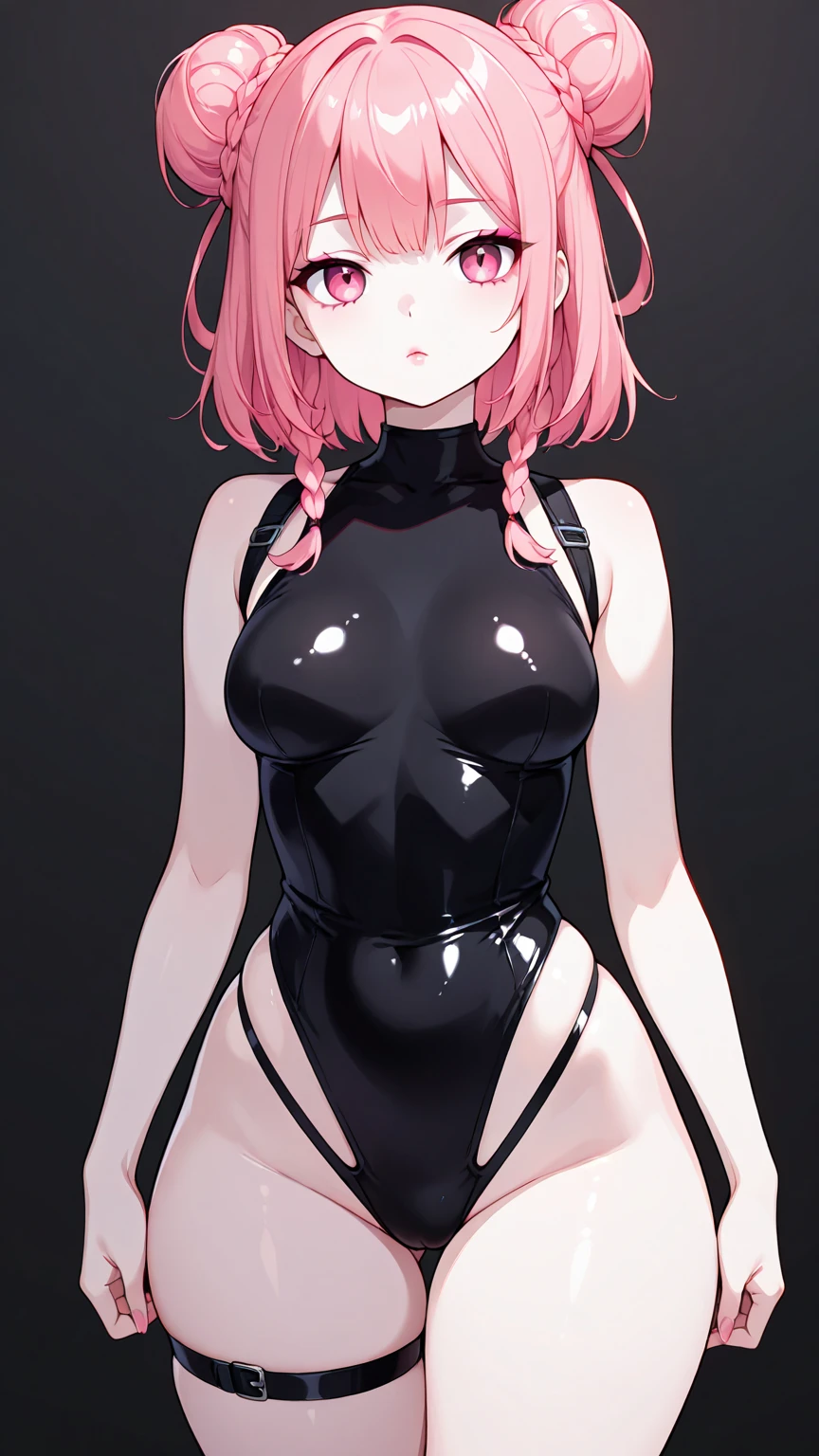 realistic, 1girl, pink hair, eyes scurrilous, Fitted, long black dress, arms up, armpit, latex, detailed image, proportional body, small breasts, highres, (red and swollen eyes, furrowed eyebrows, red nose, wet cheeks, mouth between open), 4k, 8k, anime, face set, soft lighting, eyes with eyeliner, make up, in the bedroom,