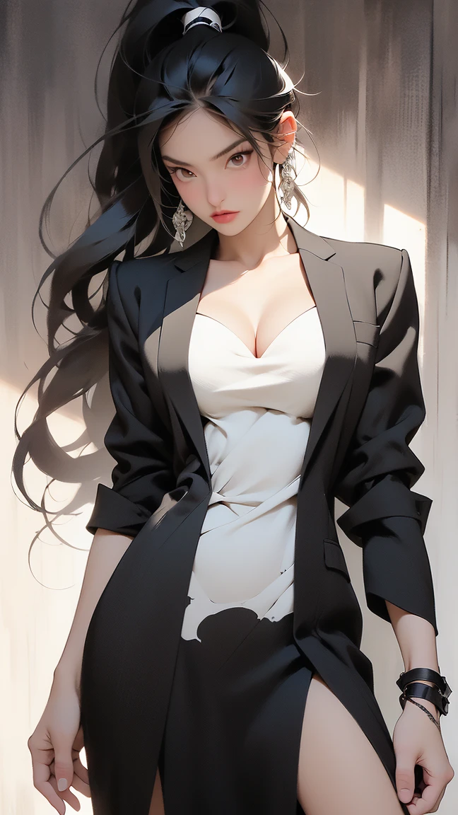(8K, HDR, highres), ((((hyperrealism, masterpiece, best quality, ultra highres)))), (pin light, cinematic light), (hyper detail, finely detailed),
1girl, __MY/background2__, magical realism, movie still, {cowboy shot|full body|upper body},
__hair-female__, large breasts:0.3, Natural breasts:0.3, (slim waist:1.1), (wide hip, large pelvis:1.3), (hip_up), (thick thighs and legs), oiledwet:1.4, 
((detailed beautiful face)), (perfect eyes, detailed eyes), (detailed facial features), beautiful and clear eyes, detail eye pupil, lipgloss, (Eyelashes:1.4), detailed hair, (((hair over one eye))), glossy, perfect hands,
{turnred_face|sorrowful_face|charmed_face|seduced_face|drunk_face|ecstasy_face},
(blazer:1.1), (((black mini skirt, silk blouse))), (Korean:1.3, japanese:1.1), tight, (((pubic hair:1.5, high heels))), 
__200WildcardsNSFWAnd_sdWildcards/earrings__, {necklace|amulet}, shoulder bag, 
pureerosface_v1:0.15, 