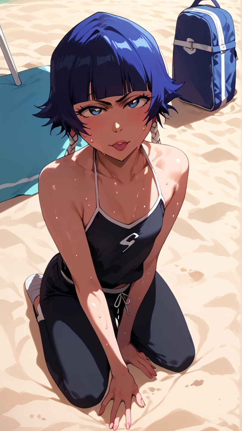 masterpiece, best quality, absurdres, <lora:SakiSwimsuitV1-000080:0.9>, SakiSw1m,1girl, breasts, navel, halo, short_hair, beach_background, looking_away, sweat, wet, midriff, bikini_bottoom, purple_hair, blue_eyes, large_breasts