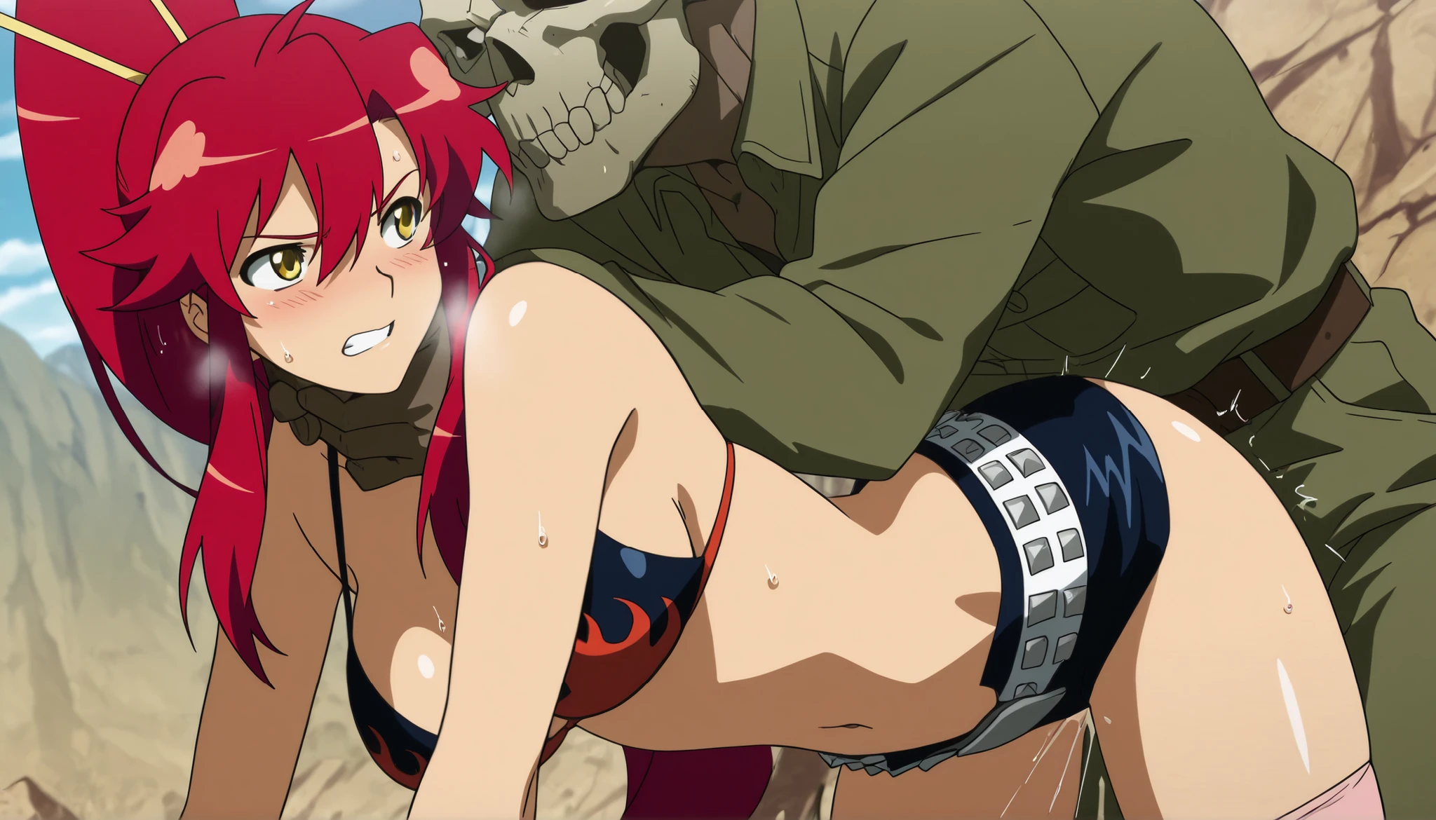 1girl,1soldier,dynamic angel,sex,vaginal ,outdoor ,rape,glaring,she can’t move,bloody ,day,sunshine,daylight,in the war battle field,grabbing another’s neck strong ,sweat,organism,ecstasy,rough breathing,Yoko Littner,,(masterpiece, best quality, ultra-detailed, anime style, ), yoko littner, hair between eyes, hair ornament, high ponytail, long hair, red hair, sidelocks, skull hair ornament, yellow eyes, mature female, breasts, anime screencap, thighhighs, swimsuit, bikini, shorts, midriff, belt, short shorts, bikini top only, flame print ,shy ,sound effect