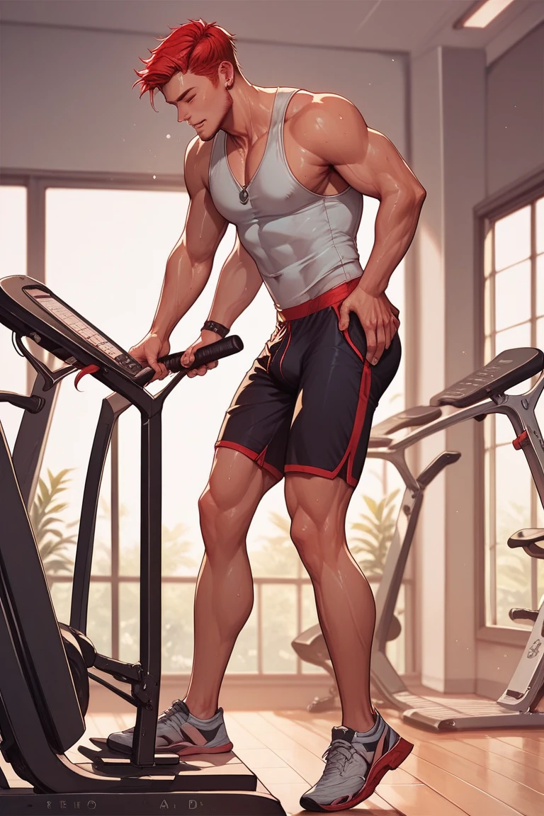 (masterpiece), best quality,bts jhope, muscular body, bodybuilder,glases, wearing white shirt,black shorts