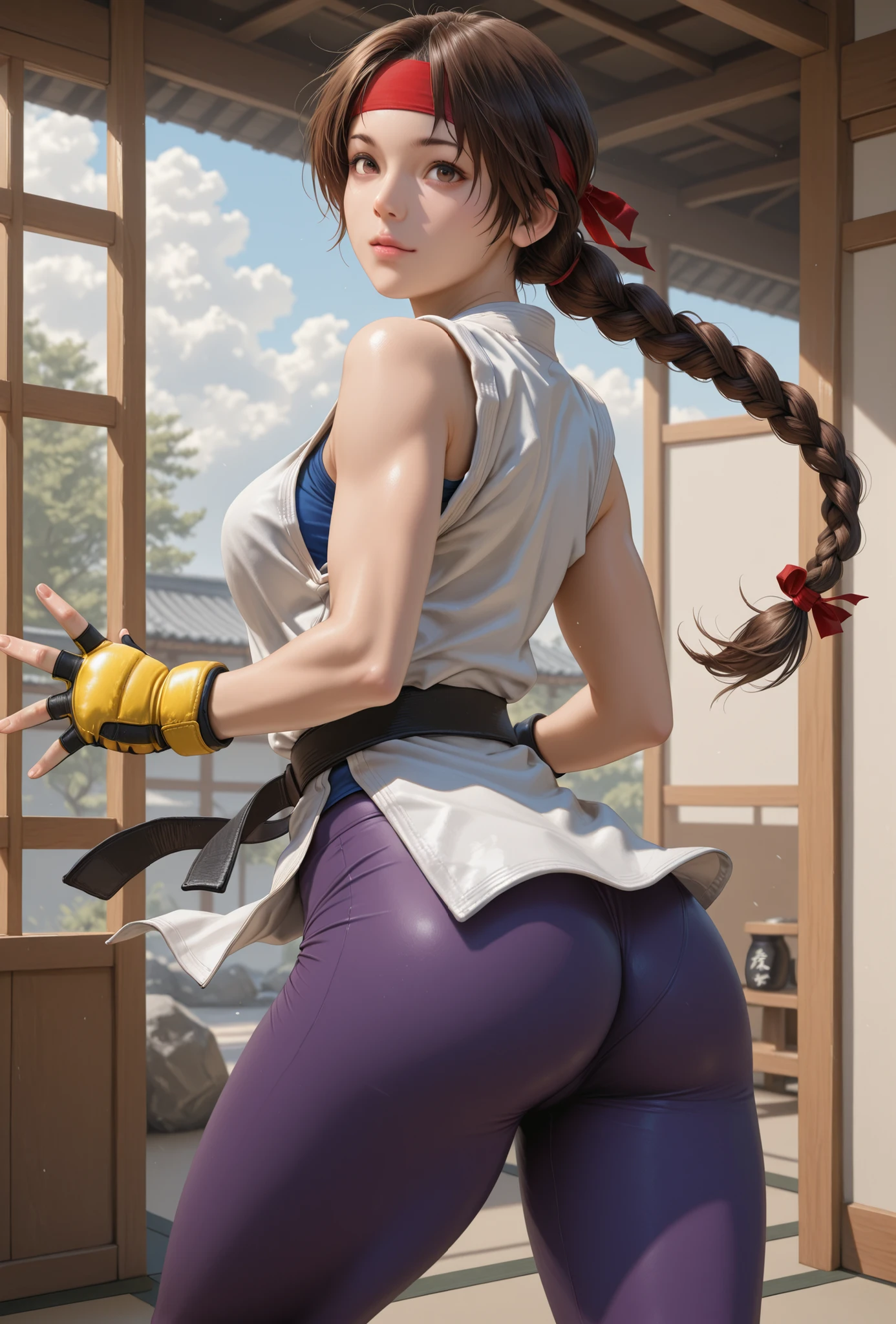 realistic, masterpiece, best quality, amazing quality, realistic, absurdres, newest, 1girl, YRISKIKOF, brown hair, single braid, brown eyes, red headband, dougi, blue undershirt, yellow mma gloves, martial arts belt, purple leggings,