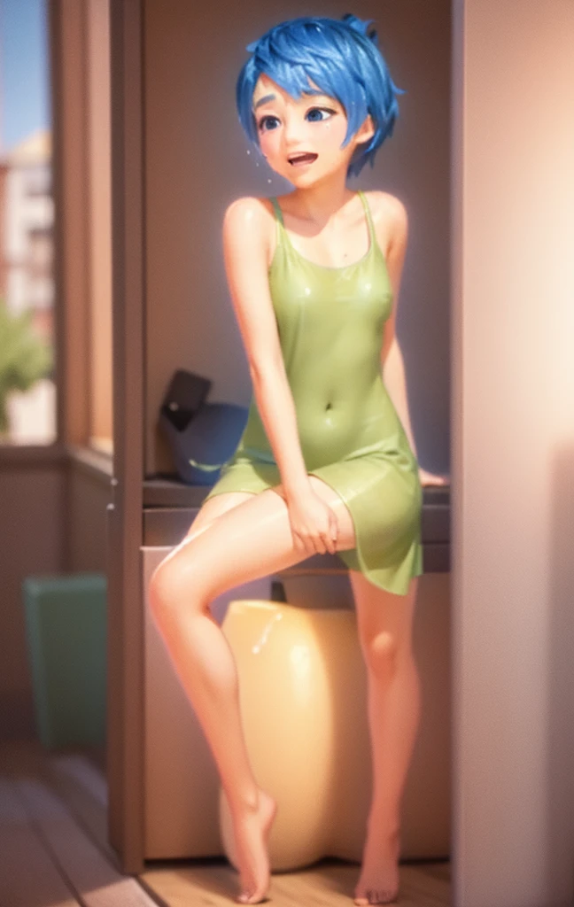Masterpiece, Best Quality, (joying_Inside out, yellow skin, ), Happy, wet transparent mini green dress, Pixar, cartoony, 3D Rendering, little chest, sexy expression, bare footed, panty, showing panties, panties visible, ((Masterpiece)),((Best Quality)),absurdress, Sunlight, (half closed eyes:0.4), (parted lips:1.4), (nose blush:1.2), slight smile, detailed between legs, (((from below))), foreshortening, looking at viewer, blackcutoffs, (eye contact), masterpiece, high contrast, best quality, ultra high res, high resolution, detailed, (parted lips:1.4), (nose blush:1.2), breasts visible, Showing breasts, (cinematic lighting), ((high-angle view)), (half body shadow), [backlighting], [crepuscular ray], [detailed ambient light], [gray natural lighting], [ambient light on the belly], (higher wildlife feral detail), [explict content], [sharp focus], (questionable content), (shaded), ((masterpiece), Commission for High Res, masterpiece, best quality, detailed image, bright colors, detailed face, perfect lighting, perfect shadows, perfect eyes, girl focus, flawless face, gorgeous body, shiny body, center focus, gaze at the viewer, 1girl, solo, (masterpiece:1.21), (best quality:1.2), (illustration:1.2), (cinematic lighting:1.3), balanced coloring, global illumination, ray tracing, good lighting, cleavage, attractive body, sexy body, looking at viewer, SFW, portrait close up