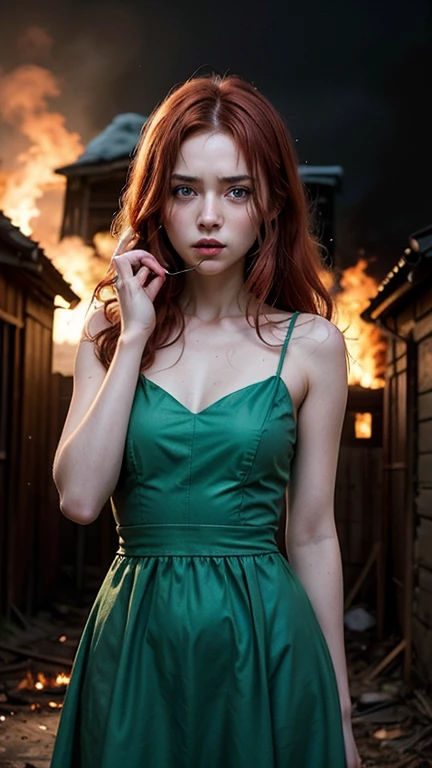 red-haired girl in a sexy green dress, possesses fire magic, burning houses in the background
