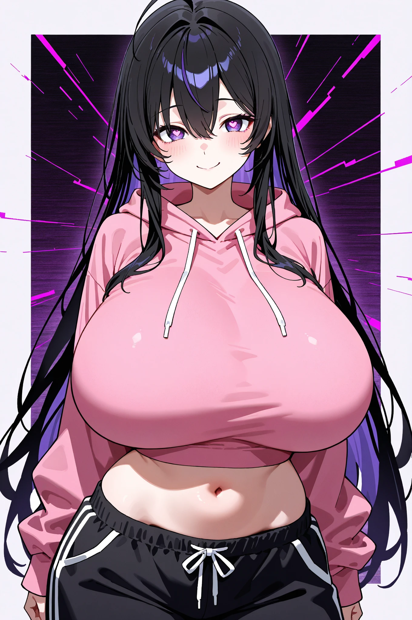 dark eye shadow,shining eyes,beautiful young fitness woman with , in a gym wearing May with black pantyhose, tight white and purple gym jacket. standing alone,hair horns,red eyes glowing,Evil smile,legging preto ,labiaa,dark eye shadow,shining eyes,close up,open mouth with big evil smile,hands on breasts,squishing her breasts,black hair with purple details,saliva coming out of the mouth,flushed face,vermelha
