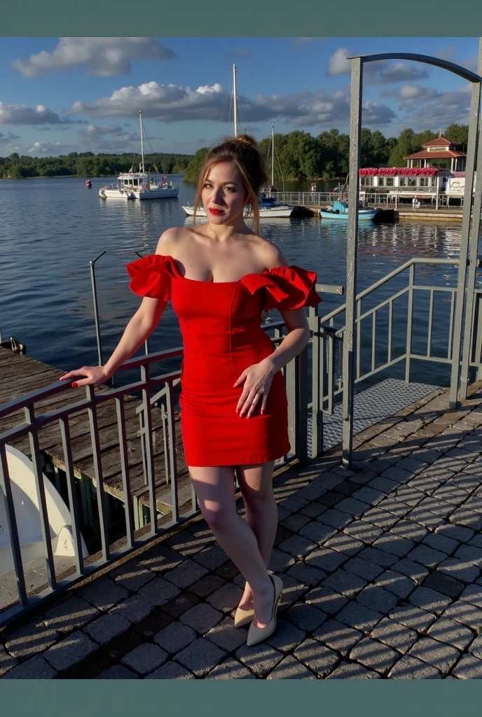 (selfie, plan: 1.4) Photo brute, portrait photo, A full body portrait of a stunning ginger woman on a street, wearing a red dress, yeux verts, joli, Facing the camera, 8k euh, DSLR, soft lighting, high quality, grain de film, Fujifilm XT3