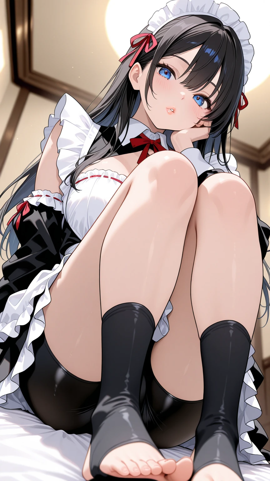 ''(((1boy))), aster nemesis, ((dark-skinned)) , black hair, very long hair, yellow eyes, , twin tails, looking below, , , tanned body,, ,,8yo,,(((Sweating))),,(spoken heart),(((maid costume))),miniskirt,thighhighs,,mansion,(nsfw),,huge breasts