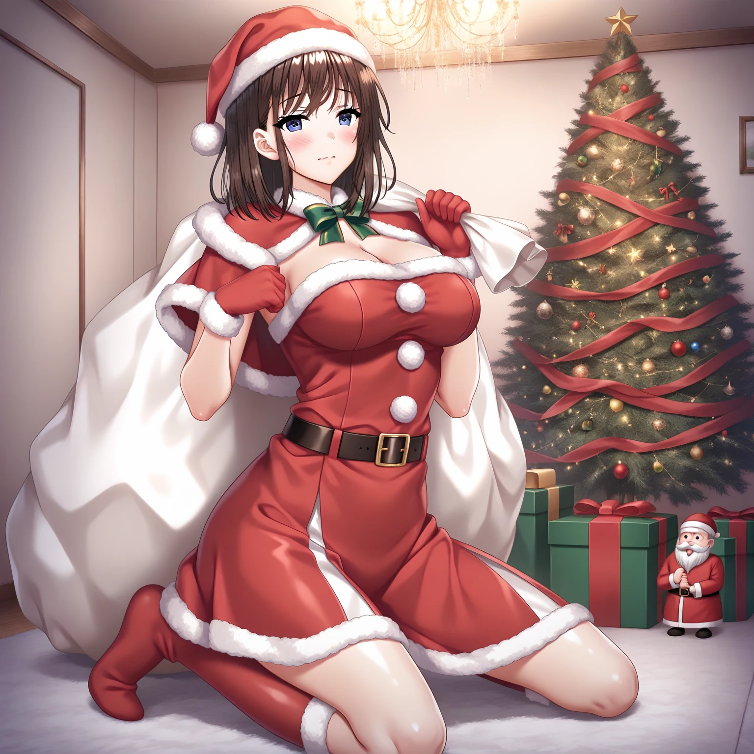 ((Full body):2), {1Woman}, Only {1Woman} ((with (extremely short and tight Christmas attire), holding a gift bag):1.3))), Only {1Woman} ((extremely large and firm breasts):1.5), Only {1Woman} ((looking at the viewer, with a look of happiness and manic smile on her face):1.3), ((Inside a house in front of a chimney with a large Christmas tree next to it)),  anime, anime style, 16k, high resolution, ((best quality, high details:1.5), UHD, ((masterpiece))