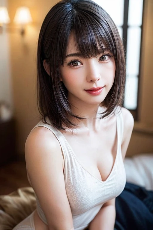 1 girl, alone, alone focus, Cowboy Shot, Portraiture, Beautiful small with delicate design:1.4, Detailed design of school uniform:1.4、Pure beauty、Lovely beauty、Transparent beauty、Cool feeling、Transparent beauty、Very beautiful glossy skin、Half watercolor, Half Green, ((Brown Hair、bangs)), (Short Bob Hair:2、Gradient Hair :1.5), Curly Hair, ((Pink Eyes)), Very detailedな目, Sunburn, (Dark Caramel Skin:1.1)、({Huge|big|Hugeな|Mega} chest:2, chestの谷間:2)、(Attractive and beautiful woman、A little beautiful face、beautiful long neck、Put out your ears、Shoulders are a little wide、Beautiful supermodel figure、Happy smiling face with mouth closed、Perfect Anatomy), (highest quality, Very detailed, so beautiful)、so beautiful芸術的な背景, delicately painted, Reminiscent of Western art:2