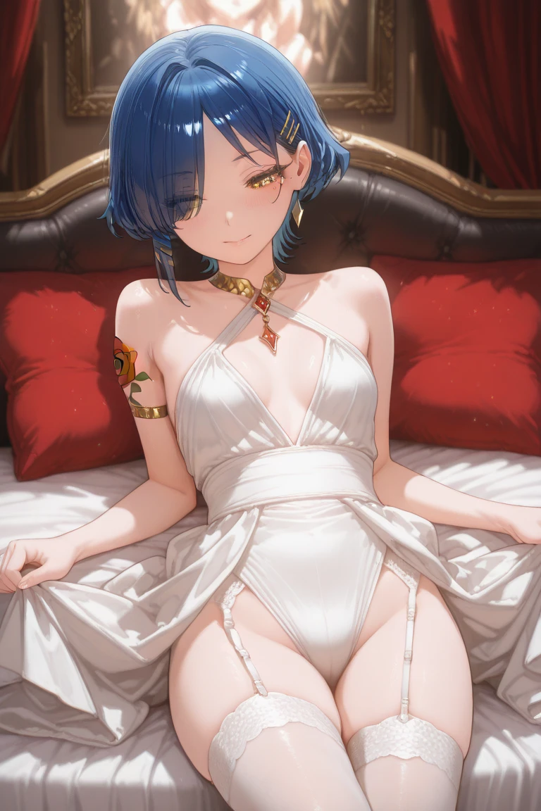 NSFW,Girl in a white dress,Tiara on the head,((bared chest)),(Blue and green eyes),(Heterochromia),(short blue hair) ,Revealing clothes,Lori,Curvaceous,small tits, ((1man with 1woman,Having sex)), Cowgirl, High resolution,Best Quality