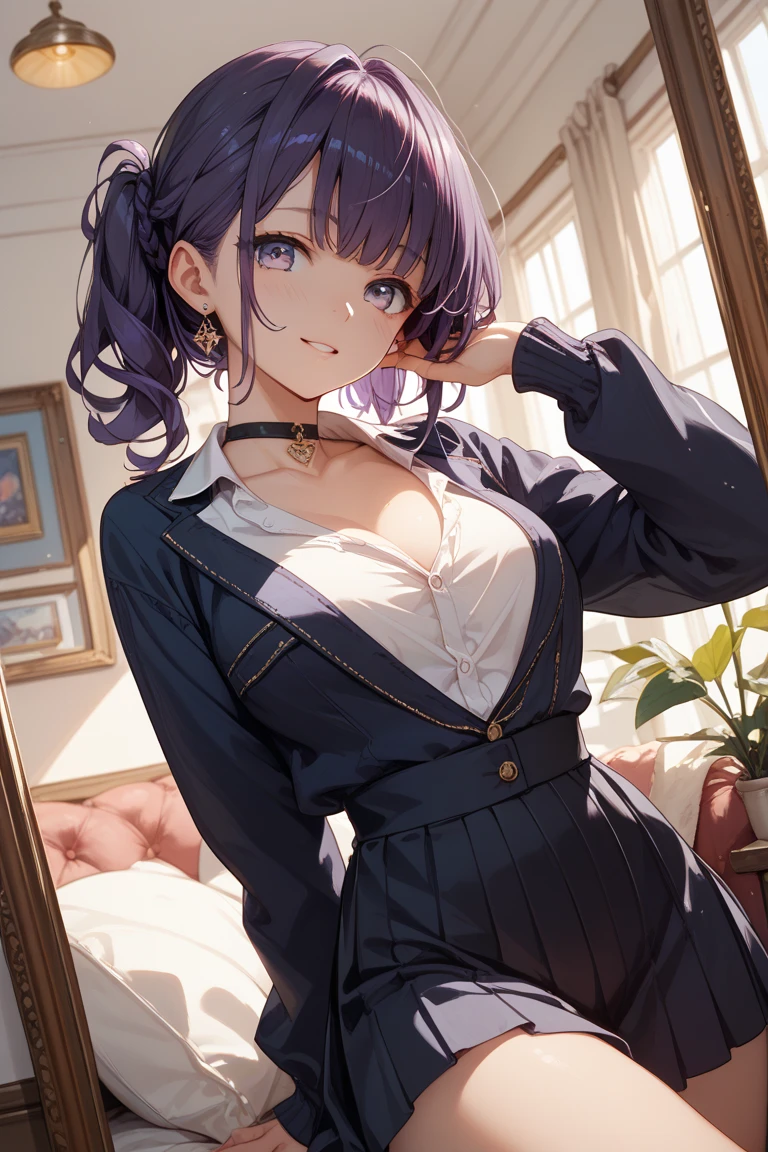 Beautiful woman, (Perfect Anatomy), Slender、(OL、White short sleeve shirt、vest、bow tie, detailed side tie panty)、looking at viewer, (Looking up)、(Pussy juice:1.2)、(Hug your chest)、20-year-old、(highest quality)、Black Hair, short hair、 Messy Hair、bedroom、Sitting on the bed、(8k, High resolution)、(Embarrassing:1.4)、(blush:1.1), medium breast, (steam:1.1), embarrassed