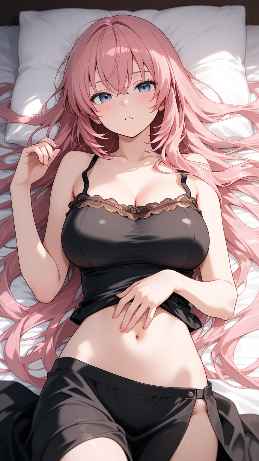 kawaii, Momo Veliya Deveruk, phmomo, maternal, fomomo, Alone, 1个Giant Breast Girl, with pink hair, a purple eye, short detailed hair, hairflower, largeeyes, Black stockings, (tmasterpiece:1.2, Best quality at best), (Delicate and beautiful eyes: 1.2), (beautiful  detailed face), (The hair between the eyes on the tip of the face, (detailedbackground: 1.3, Bedrooms), (((Detail white panties, white bra, Camel toes, areola of breast, lie))), 10years old, brush,(((Cum on the breast, on the face , perspiring))), grinning smile, from the above,