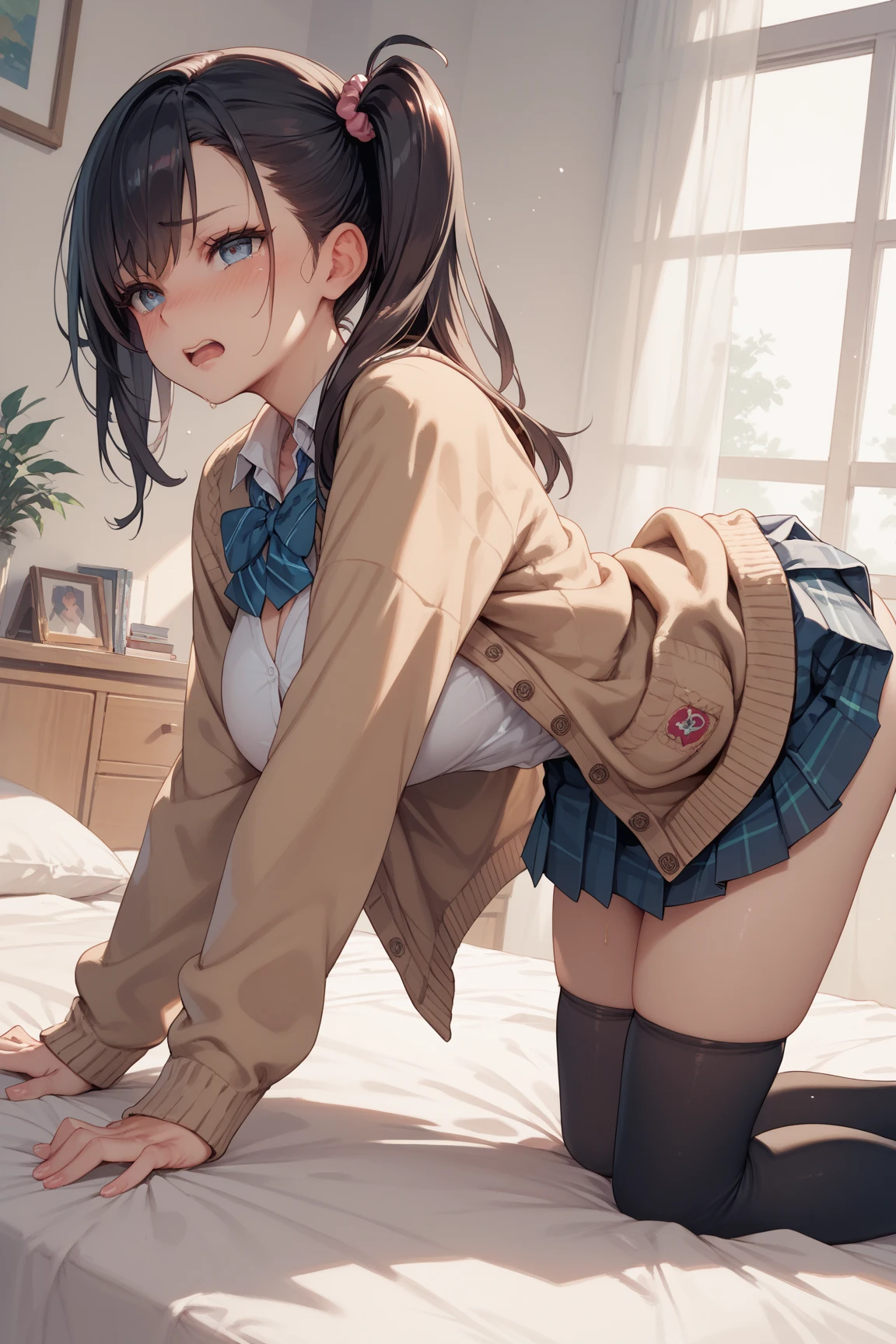 Mastepiece,masterpiece,highest quality,Super detailed,High resolution,8K Portrait,High definition CG of Unity 8k wallpaper,Cute,little:1.5,Loli:1.5,Highly detailed CG Unity 8k wallpaper,Realistic,Real person, Portrait Photography,Shiny skin,High definition、(16 years old:1.2),(1 girl),Beautiful clear eyes,extremely detailed description,Delicate face,Nice lips,Slim body,thin waist,Thin legs、(bed room:1.6),(blush:1.5),(Brown hair Medium long:1.3),(large breasts:1.2),(school uniform:1.3),((Clothes lift:1.5)),(Headphones on neck),(Strike a Pose)