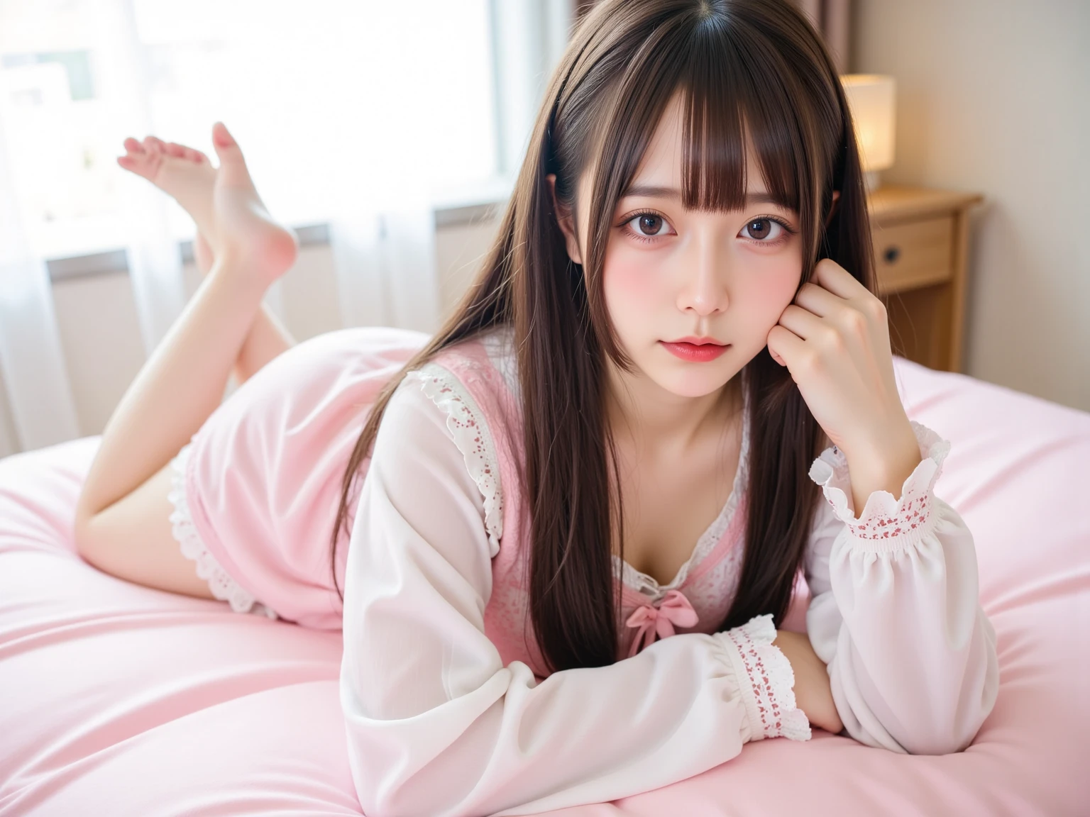 Girl, Japan person, sitting on bed, hugging pillow, lying on blanket, pale milky porcelain skin, young pretty gravure idol, pink pajamas ((nightgown)), light shining on face