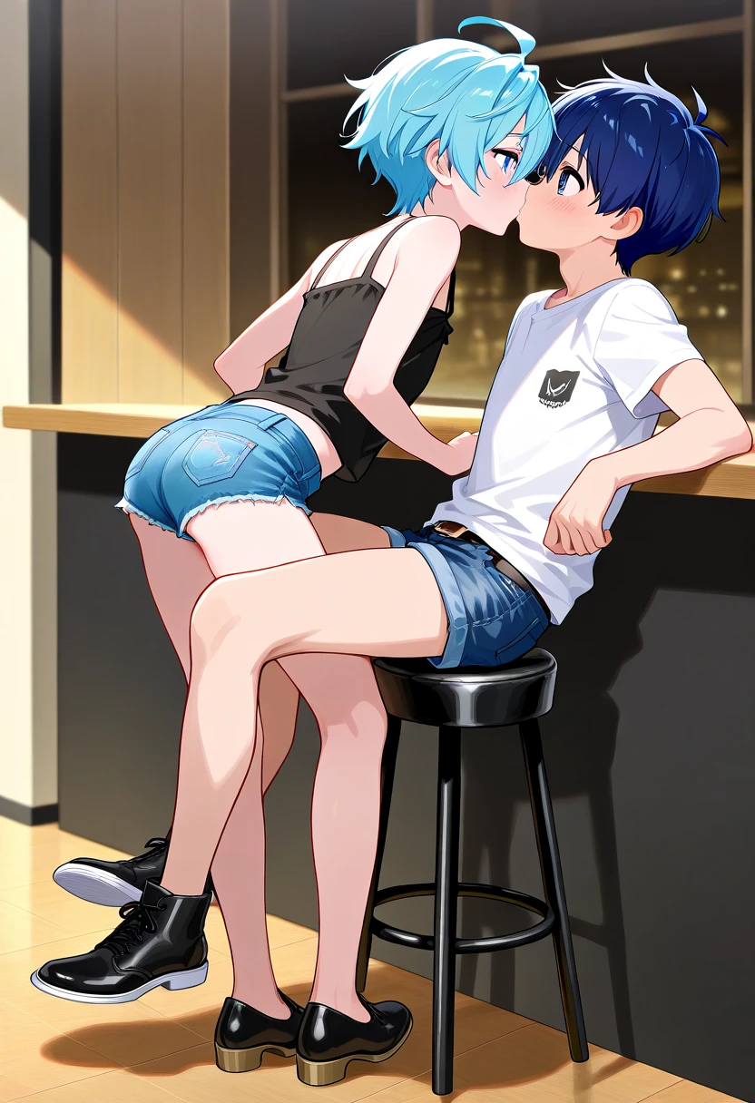 Young girl with blue hair,short straight hair and short bangs (purple eyes),, ((small bushy eyebrows)), wearing gothic lolita clothing, lolicon , large breast, breasts out of blouse, walking to school, bored look, bored face, , suddenly having sex in public, ((doggy style sex)), ((public sex in a restaurant)) naked ass in the male crotch, perfect anatomy, (young boy fucking her)