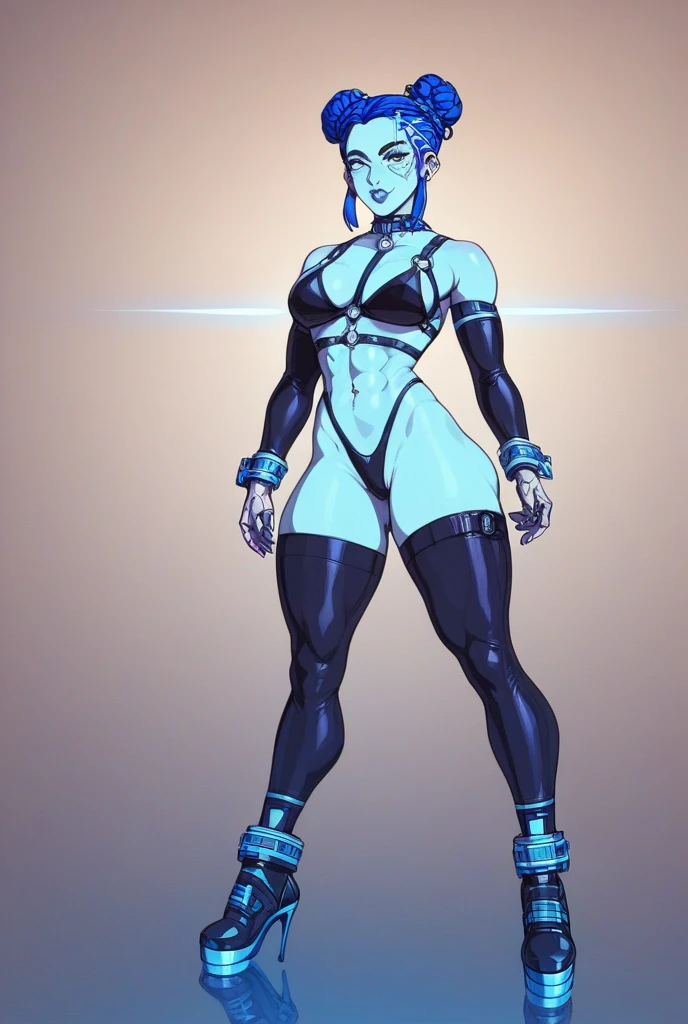 Warrior Woman ((full body view:1.4)) Masterpiece, ((Thepit Style:1.4)), (pale skin:1.5), (long blue hair:1.5), muscled body, Feminine, Huge upper body, wide shoulders, veins, ((beatiful face:1.5)), full lips, slim face, high cheekbones, muscular, in the art style of mohrbacher, In the style of Peter Morbacher
