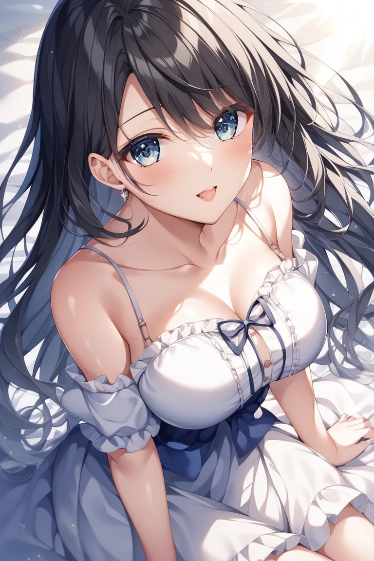1girl, natural lighting, masterpiece, highly detailed, illustration, game CG, absurdres, high quality, beautiful detailed eyes, glossy lips, natural lighting, medium breasts, black hair, curly hair, long bangs, hair between eyes, arisa ayase, aahiyori, strapless leotard, (tutu), white pantyhose,