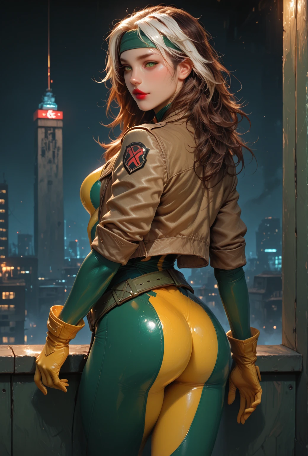 good anatomy, masterpiece, best quality, bokeh, depth of field, highres, rogue , x men, wide hips, cowboy shot from behind