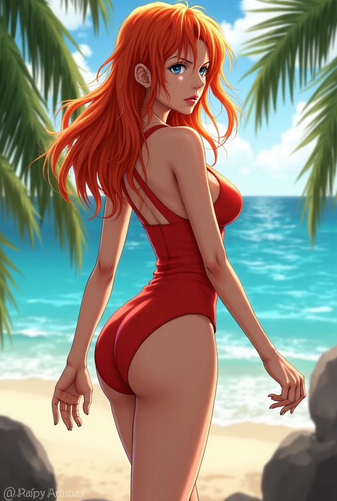 A beautiful anime-style redheaded girl in a bikini, large breasts, showing her sexy backside and beautiful breasts, extremely detailed, highly realistic, cinematic lighting, photorealistic, vibrant colors, 8k, best quality