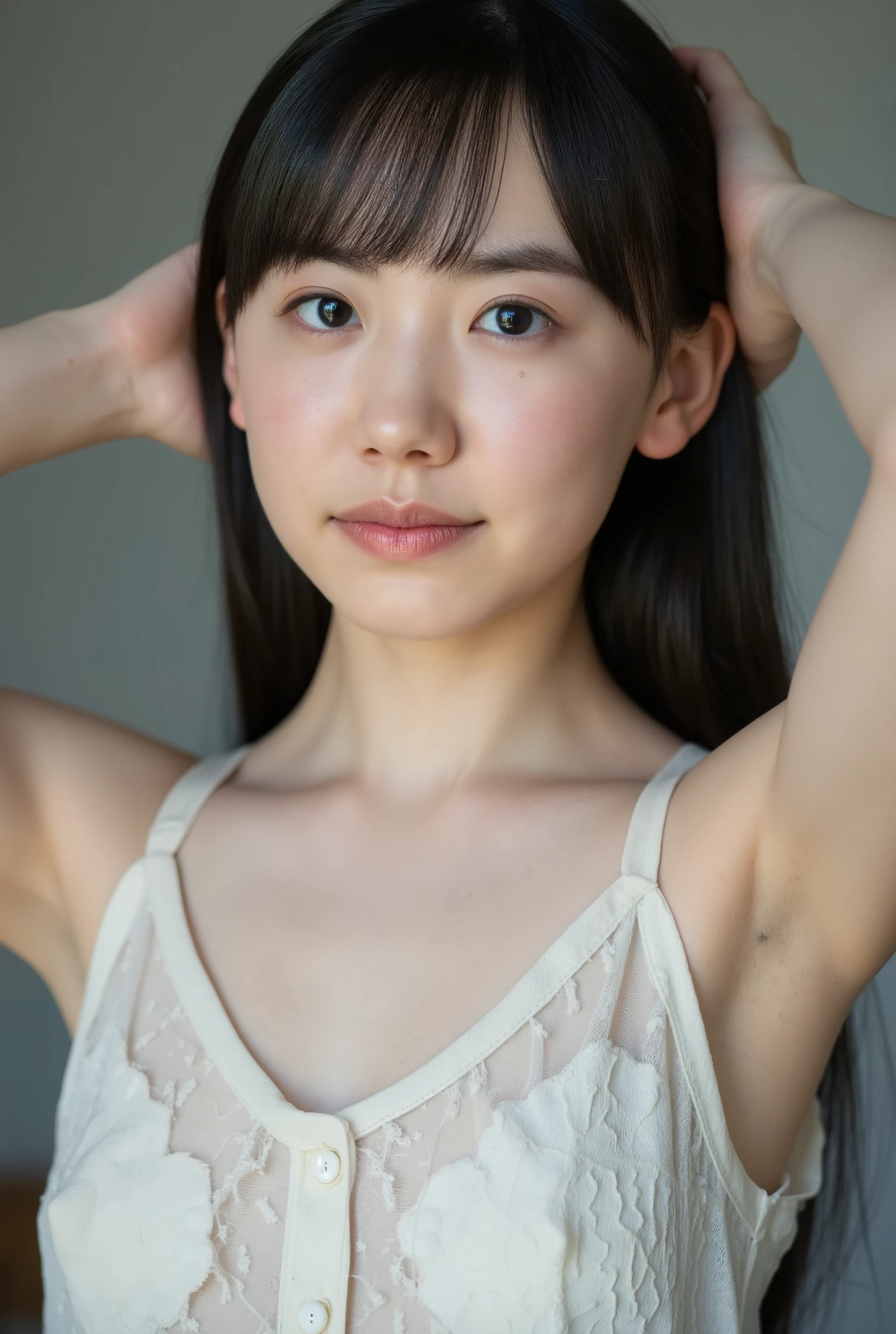a Japanese woman is staring at the viewer、sleeveless see-through camisole · hands crossed behind the head · embarrassed expression、medium chest、Nipples push up the camisole