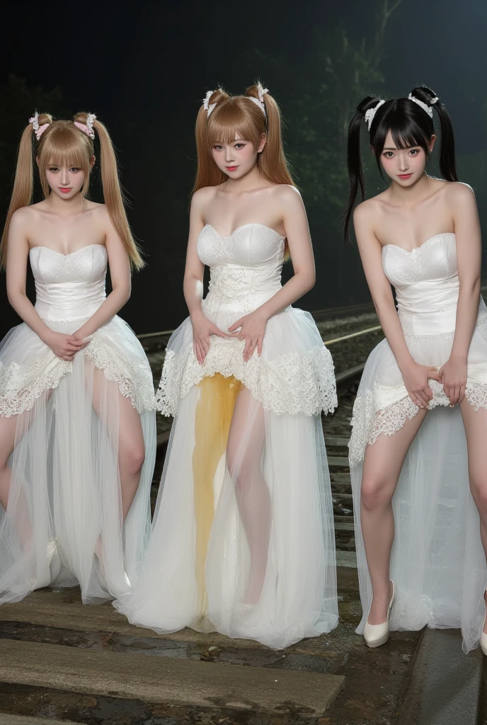 masterpiece, ((Highest quality))、wedding、(4 cute naked girls、A good friend、Standing side by side、kawaii:1.4、12 years old、smile:1.3、smile、Mr.々Hair style、pubic hair)、(((Full nudity、tits、Pussy)))、(Realistic and detailed skin texture、pale pastel wedding dresses:1.2、gem、hair ornaments、Veil、See-through)